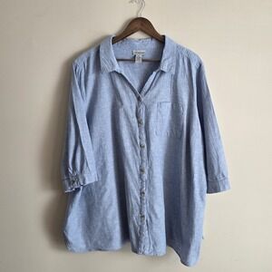 Catherines 3X 26/28W Blue Linen Cotton Blend Button Down 3/4 Sleeve Shirt Blouse